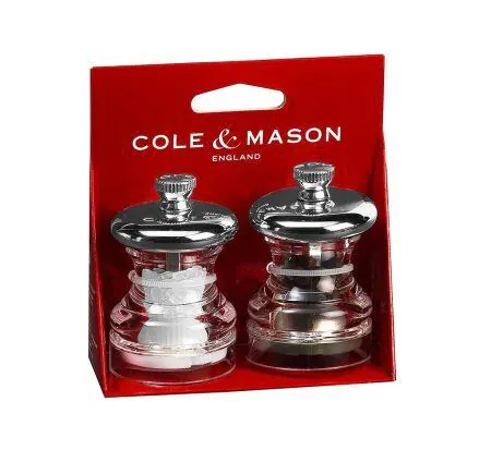 <p><span style="font-size: small;"><strong>COLE & MASON Комплект мелнички за сол и пипер “PO3“ - 6,5 см.</strong></span></p>
<p><span>• </span><strong>Височина:</strong><span> 6,5 см.</span><br /><span>• </span><strong>Материал:</strong><span> акрил, стомана, керамика</span><br /><span>• </span><strong>Цвят:</strong><span> хром</span><br /><strong>• Механизъм на мелницата за сол: </strong><span>керамичен</span><strong><br />• Механизъм на мелницата за черен пипер: </strong><span>закалена въглеродна стомана</span><strong><br /></strong><span style="color: #ff0000;">• <strong>Да не се мокри с вода!<br /></strong>•</span><span> <strong><span style="color: #ff0000;">Не използвайте мелничките за различни от каменна сол и черен пипер продукти!!! </span><br /></strong></span><span><strong>Производител: Cole&Mason / Англия</strong></span><br /><br /></p><br />Марка: COLE & MASON <br />Модел: Cole & Mason H 3023180<br />Доставка: 2-4 работни дни<br />Гаранция: 2 години