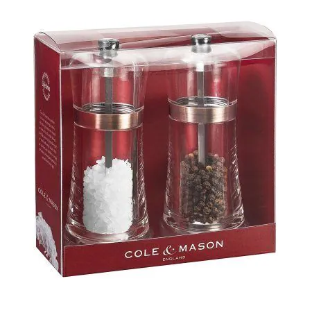 <p><span style="font-size: small;"><strong>COLE & MASON Комплект мелнички за сол и пипер “FONTWELL“ - 14 см. - цвят мед</strong></span></p>
<p>• <strong>Височина:</strong> 14 см.<br />• <strong>Материал:</strong> акрил, стомана, керамика<br />• <strong>Цвят:</strong> мед<br /><strong>• Механизъм на мелницата за сол: </strong>керамичен<strong><br />• Механизъм на мелницата за черен пипер: </strong>закалена въглеродна стомана<strong><br /></strong><span style="color: #ff0000;">• <strong>Да не се мокри с вода!<br /></strong>• </span><strong><span style="color: #ff0000;">Не използвайте мелничките за различни от каменна сол и черен пипер продукти!!! </span><br /></strong><strong>Производител: Cole&Mason / Англия</strong><br /><br /></p><br />Марка: COLE & MASON <br />Модел: Cole & Mason H 307618<br />Доставка: 2-4 работни дни<br />Гаранция: 2 години