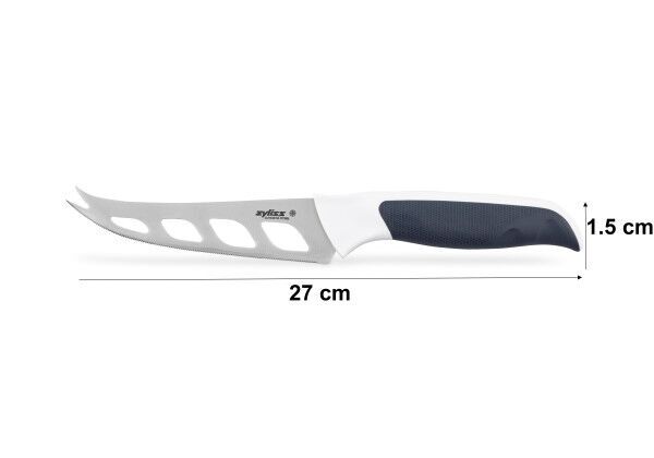 <br /><hr><br /><p>Ножът за сирене Comfort на Zyliss разполага с 12-сантиметрово острие с микросеретации, които улесняват рязането на твърди и меки сирена. Отворите в острието са проектирани така, че сиренето да не залепва по острието.</p><p>Ергономичната дръжка е проектирана за максимален комфорт при ежедневна употреба. Тя стои удобно в ръката, което позволява здрав и стабилен захват дори при продължителна употреба.</p><p>Всеки нож има точки за контрол по време на рязане. В основата на острието, при дръжката, е точка за палеца на режещата ръка, която осигурява лесно направляване на ножа, баланс и контрол по време на работа. Точката в горната част на острието е за помощ от свободната ръка, за по-добър контрол при прецизно рязане.</p><p>Всички ножове се предлагат с предпазител за безопасно съхранение и за защита на острието, когато не се използват.</p><p><object width="600" height="350" data="https://www.youtube.com/v/H6zfZ4fjZ7A" type="application/x-shockwave-flash"><param name="src" value="https://www.youtube.com/v/H6zfZ4fjZ7A" /></object></p>