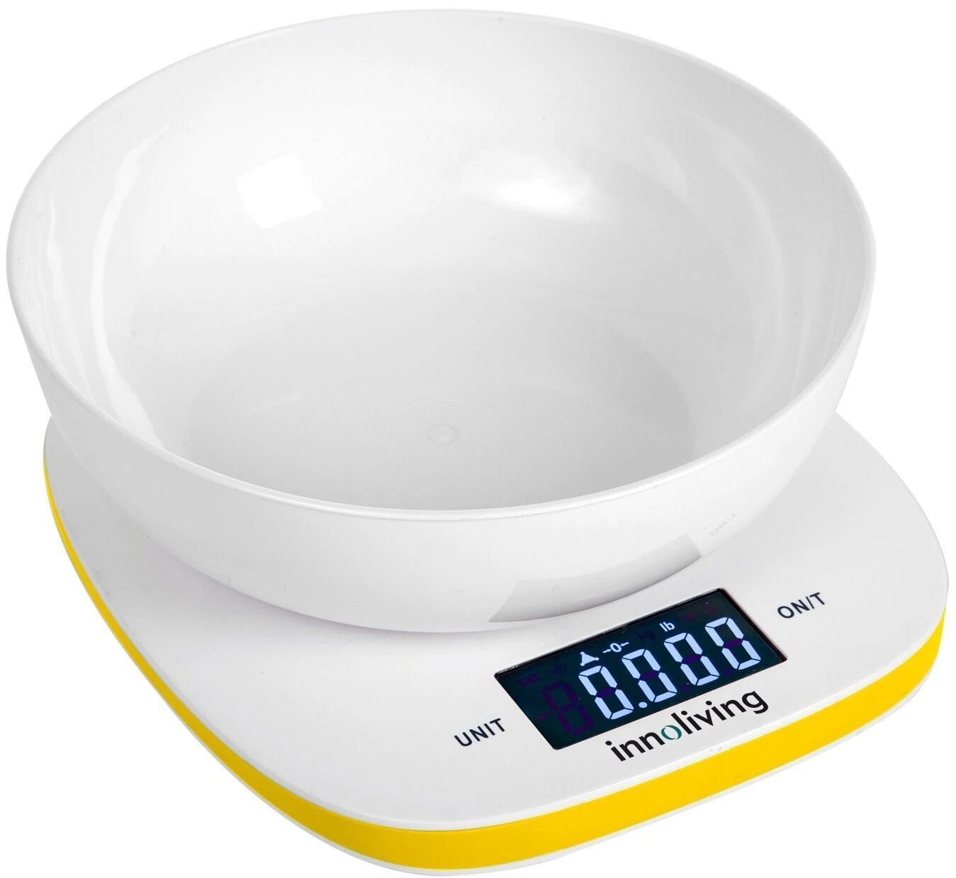 <li><strong>Електронна кухненска везна Innoliving с купа - жълта</strong> <strong>Технически данни</strong> <li>Капацитет: 5кг<li>Измерва до точност от 1 гр<li>Мерни единици: гр / либра / унция / кг<li>Широка пластмасов купа<li>Осветен LCD дисплей<li>Индикатор за изтощена батерия<li>Индикатор за претоварване<li>Тара функция (тегло на опаковката)<li>Захранване: 2 х ААА батерии - включени<br />Марка: INNOLIVING S.P.A <br />Модел: INN - 132Y<br />Доставка: 2-4 работни дни<br />Гаранция: 2 години
