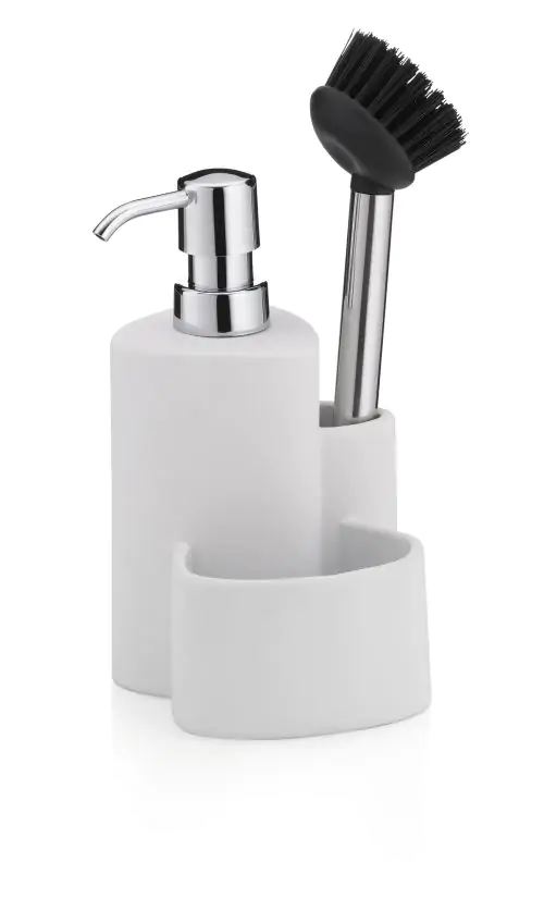 KELA Комплект диспенсър за сапун с четка и отделение за гъба “Purana“ - 350 мл. - бял