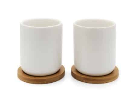 BREDEMEIJER Сет от 2 бр. керамични чаши за чай с бамбукови подложки “Umea“ - бели - 200 мл.