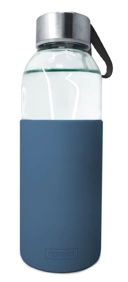 Nerthus Стъклена бутилка със силиконов протектор - 400 мл. - синя