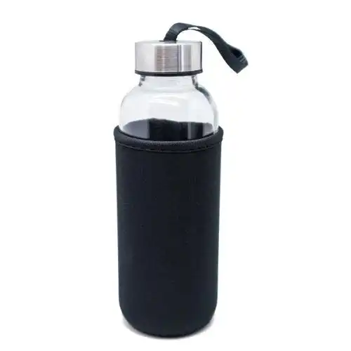 Nerthus Стъклена бутилка с неопренов протектор - 400 мл. - цвят черен