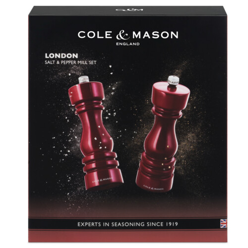 <p><strong>COLE & MASON Комплект мелнички за сол и пипер “LONDON“ - 18 см. - цвят червен гланц</strong><br /><strong>• Диаметър: </strong><span>Ø 5,8 см.</span><br /><strong>• Височина:</strong><span> 18 см.<br /><strong>• Тегло:</strong> 0,460 кг. </span><br /><strong>• Материал:</strong><span> буково дърво, стомана, керамика</span><br /><strong>• Механизъм: </strong><span>закалена въглеродна стомана, керамичен механизъм</span><br /><span style="color: #ff0000;"><strong>• Да не се мокри с вода!<br />•</strong></span><span> <strong><span style="color: #ff0000;">Не използвайте мелничките за различни от сол и черен пипер продукти!!! </span><br /><span style="color: #ff0000;"><strong>• Не поставяйте сол в мелницата за пипер, тъй като това ще разяде механизма от въглеродна стомана!</strong></span><br /></strong></span><strong>Производител: Cole&Mason / Англия</strong></p><br />Марка: COLE & MASON <br />Модел: Cole & Mason H 233101<br />Доставка: 2-4 работни дни<br />Гаранция: 2 години