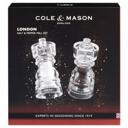 <p><strong>COLE & MASON Комплект мелнички за сол и пипер “LONDON“ - 13 см. - прозрачни</strong><br /><strong>• Диаметър: </strong><span>Ø 5,6 см.</span><br /><strong>• Височина:</strong><span> 13 см.<br /><strong>• Тегло:</strong> 0,433 кг. </span><br /><strong>• Материал:</strong><span> акрил, стомана, керамика</span><br /><strong>• Механизъм: </strong><span>закалена въглеродна стомана, керамичен механизъм</span><br /><span style="color: #ff0000;"><strong>• Да не се мокри с вода!<br />•</strong></span><span> <strong><span style="color: #ff0000;">Не използвайте мелничките за различни от сол и черен пипер продукти!!! </span><br /><span style="color: #ff0000;"><strong>• Не поставяйте сол в мелницата за пипер, тъй като това ще разяде механизма от въглеродна стомана!</strong></span><br /></strong></span><strong>Производител: Cole&Mason / Англия</strong></p><br />Марка: COLE & MASON <br />Модел: Cole & Mason H 233104<br />Доставка: 2-4 работни дни<br />Гаранция: 2 години