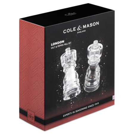 <p><strong>COLE & MASON Комплект мелнички за сол и пипер “LONDON“ - 13 см. - прозрачни</strong><br /><strong>• Диаметър: </strong><span>Ø 5,6 см.</span><br /><strong>• Височина:</strong><span> 13 см.<br /><strong>• Тегло:</strong> 0,433 кг. </span><br /><strong>• Материал:</strong><span> акрил, стомана, керамика</span><br /><strong>• Механизъм: </strong><span>закалена въглеродна стомана, керамичен механизъм</span><br /><span style="color: #ff0000;"><strong>• Да не се мокри с вода!<br />•</strong></span><span> <strong><span style="color: #ff0000;">Не използвайте мелничките за различни от сол и черен пипер продукти!!! </span><br /><span style="color: #ff0000;"><strong>• Не поставяйте сол в мелницата за пипер, тъй като това ще разяде механизма от въглеродна стомана!</strong></span><br /></strong></span><strong>Производител: Cole&Mason / Англия</strong></p><br />Марка: COLE & MASON <br />Модел: Cole & Mason H 233104<br />Доставка: 2-4 работни дни<br />Гаранция: 2 години