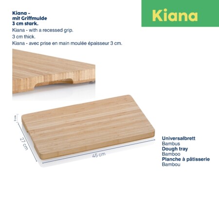 <p><strong>KELA Бамбукова кухненска дъска “Kiana“ - 45x27 см.</strong><br /><strong>• Серия: </strong><span>Kiana</span><br /><strong>• Материал:</strong><span> бамбук</span><br /><strong>• Размери:</strong><span> 45 х 27 х 3 см.<br /></span><strong>• Цвят:</strong><span> естествен</span><br /><strong>• Производител: KELA / Германия</strong></p><br />Марка: KELA <br />Модел: KELA 12010<br />Доставка: 2-4 работни дни<br />Гаранция: 2 години