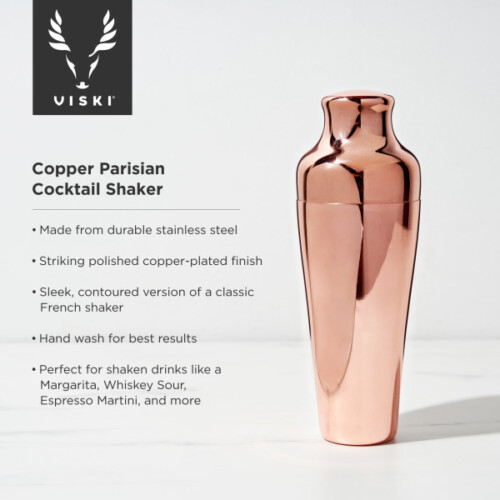 <p><strong>VISKI Шейкър за коктейли “Parisan - Copper“ - 740мл.</strong><br /><strong>• Материал: </strong>неръждаема <span>стомана, медно покритие</span><br /><strong>• Размер: </strong><span>9,5 x 26 см (ШхВ)</span><br /><strong>• Вместимост:</strong><span> 740 мл</span><br /><strong>• Тегло: </strong><span>0,272 кг.</span><br /><strong>• Размер на опаковката: </strong>9<span>,9 х 9,5 х 24,1 см</span><br /><strong>• Тегло с опаковката: </strong><span>0,350 кг.<br /></span><strong>• Препоръчва се ръчно измиване</strong><br /><strong>Производител:</strong><span> Viski® / САЩ</span></p><br />Марка: TRUEBRANDS <br />Модел: VISKI 4883<br />Доставка: 2-4 работни дни<br />Гаранция: 2 години