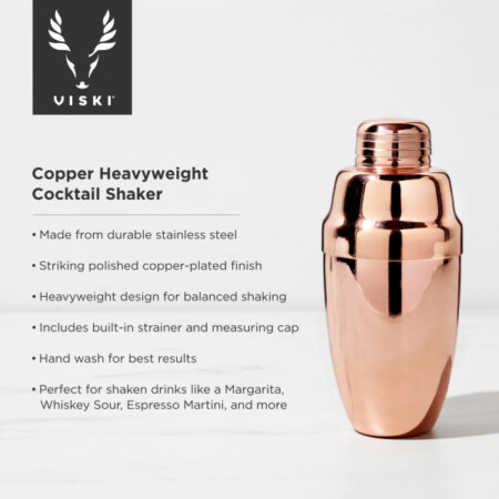 <p><strong>VISKI Шейкър за коктейли “HeavyWeight - Copper“- 500мл.</strong><br /><strong>• Материал: </strong>неръждаема <span>стомана, медно покритие</span><br /><strong>• Размер: </strong><span>8,9 x 19,7 см (ШхВ)</span><br /><strong>• Вместимост:</strong><span> 488 мл</span><br /><strong>• Тегло: </strong><span>0,680 кг.<br /><strong>• Стабилна конструкция от неръждаема стомана с дебелина на стените 1,35 mm</strong></span><br /><span><strong>• Вградена цедка</strong><br /></span><strong>• Препоръчва се ръчно измиване</strong><br /><strong>Производител:</strong><span> Viski® / САЩ</span></p><br />Марка: TRUEBRANDS <br />Модел: VISKI 4809<br />Доставка: 2-4 работни дни<br />Гаранция: 2 години