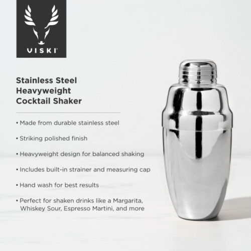 <p><strong>VISKI Професионален шейкър за коктейли “HeavyWeight - Silver“ - 500мл.</strong><br /><strong>• Материал: </strong>неръждаема <span>стомана</span><br /><strong>• Размер: </strong><span>8,9 x 19,7 см (ШхВ)</span><br /><strong>• Вместимост:</strong><span> 488 мл</span><br /><strong>• Тегло: </strong><span>0,680 кг.<br /><strong>• Стабилна конструкция от неръждаема стомана с дебелина на стените 1,35 mm</strong></span><br /><span><strong>• Вградена цедка</strong><br /></span><strong>• Препоръчва се ръчно измиване</strong><br /><strong>Производител:</strong><span> Viski® / САЩ</span></p><br />Марка: TRUEBRANDS <br />Модел: VISKI 4284<br />Доставка: 2-4 работни дни<br />Гаранция: 2 години