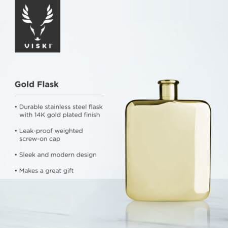 <p><strong>VISKI Бутилка за алкохол със 14K златно покритие “Flasks Gold“</strong><br /><strong>• Материал: </strong>неръждаема <span>стомана, 14 каратово златно покритие</span><br /><strong>• Вместимост:</strong><span> 177 мл</span><br /><strong>• Тегло: </strong><span>0,163 кг.</span><br /><strong>• Размер на опаковката: </strong>12<span>,7 х 3,8 х 18 см</span><br /><strong>• Тегло с опаковката: </strong><span>0,272 кг.<br /></span><strong>• Само ръчно измиване</strong><br /><strong>Производител:</strong><span> Viski® / САЩ</span></p><br />Марка: TRUEBRANDS <br />Модел: VISKI 3710<br />Доставка: 2-4 работни дни<br />Гаранция: 2 години