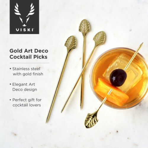 <p><strong>VISKI Коктейлни клечки 4бр. “Art Deco Gold“</strong><br /><strong>• Материал: </strong>неръждаема <span>стомана, златно покритие</span><br /><strong>• Височина на 1 бр клечка: </strong><span>12,7 см </span><br /><strong>• Размер на опаковката: </strong>7,3<span> х 1,9 х 15,2 см</span><br /><strong>• Тегло с опаковката: </strong><span>0,060 кг.<br /></span><strong>• Препоръчва се ръчно измиване</strong><br /><strong>Производител:</strong><span> Viski® / САЩ</span></p><br />Марка: TRUEBRANDS <br />Модел: VISKI 9487<br />Доставка: 2-4 работни дни<br />Гаранция: 2 години