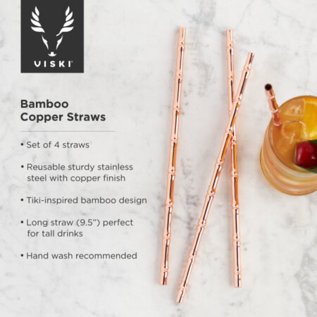 <p><strong>VISKI Комплект от 4 многократни сламки “Bamboo Copper“</strong><br /><strong>• Материал: </strong>неръждаема <span>стомана, медно покритие<br /><strong>• С дизайн на бамбуково стъбло</strong></span><br /><strong>• Височина на 1 бр сламка: </strong><span>25,4 см </span><br /><strong>• Размер на опаковката: </strong>12,4<span> х 1,3 х 27,3 см</span><br /><strong>• Тегло с опаковката: </strong><span>0,136 кг.<br /></span><strong>• Препоръчва се ръчно измиване</strong><br /><strong>Производител:</strong><span> Viski® / САЩ</span></p><br />Марка: TRUEBRANDS <br />Модел: VISKI 7946<br />Доставка: 2-4 работни дни<br />Гаранция: 2 години