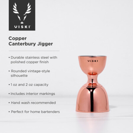 <p><strong>VISKI Двоен джигър/мярка за алкохол 30мл/60мл “Canterbury-Copper“<br />• Материал: </strong>неръждаема стомана, медно покритие<br /><strong>• Размер: </strong>5 х 9 см (ДхВ)<br /><strong>• Измерва: </strong>30 мл и 60 мл<br /><strong>• Размер на опаковката: </strong>5,7 х 5,7 х 12,1 см<br /><strong>• Тегло с опаковката: </strong>0,113 кг<br /><strong>• Препоръчва се ръчно измиване</strong><br /><strong>Производител:</strong> Viski® / САЩ</p><br />Марка: TRUEBRANDS <br />Модел: VISKI 5275<br />Доставка: 2-4 работни дни<br />Гаранция: 2 години