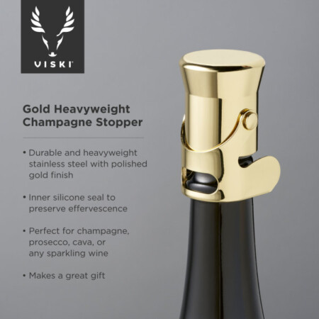 <p><strong>VISKI Тапа за шампанско “Heavyweight Gold“</strong><br /><strong>• Материал: </strong>неръждаема стомана, златно покритие<br /><strong>• Размер:</strong><span> 4,5 х 6,4</span><br /><strong>• Тегло: </strong><span>0,118 кг.</span><br /><strong>• Размер на опаковката: </strong>6,7<span> х 5,6 х 13,1 см</span><br /><strong>• Тегло с опаковката: </strong><span>0,159 кг.<br /></span><strong>• Вътрешно силиконово уплътнение <br />• Подходяща за стандартни бутилки шампанско<br />• Не е подходяща за съдомиялна машина<br /></strong><strong>Производител:</strong><span> Viski® / САЩ</span></p><br />Марка: TRUEBRANDS <br />Модел: VISKI 10286<br />Доставка: 2-4 работни дни<br />Гаранция: 2 години