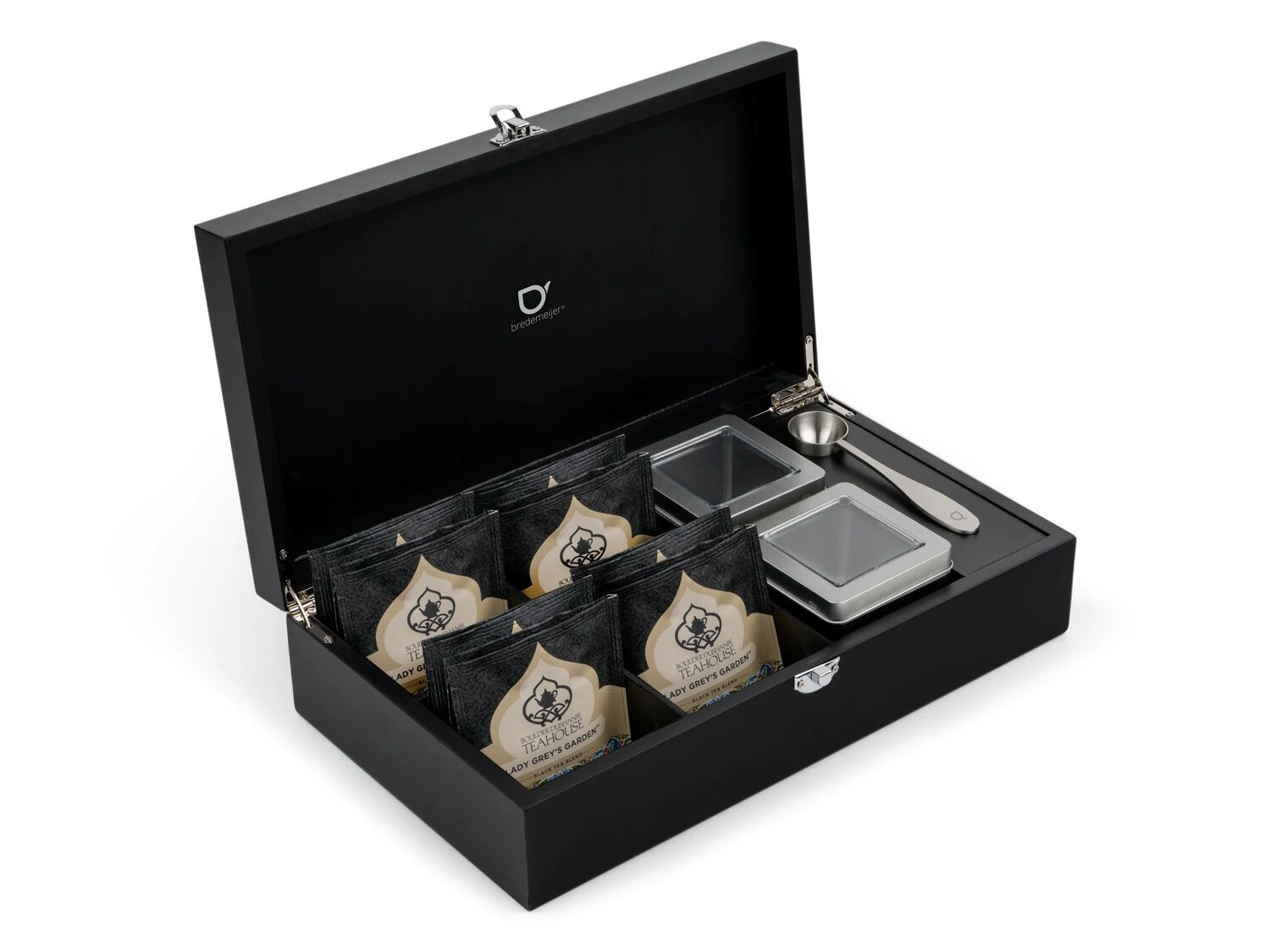 BREDEMEIJER Черна бамбукова кутия за чай с 2 канистера и дозаторна лъжица