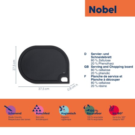 <p><strong>KELA Дъска за рязане и сервиране “Nobel“ - 37 x 27,5 см.</strong><br /><strong>• Серия:</strong><span> Nobel</span><br /><strong>• Материал:</strong><span> 80 % целулоза, 20 % фенолна смола</span><br /><strong>• Размери:</strong><span> 37 х 27,5 х 0,6 см.</span><br /><strong>• Цвят:</strong><span> черен</span><br /><strong>• Производител: KELA / Германия</strong></p><br />Марка: KELA <br />Модел: KELA 12864<br />Доставка: 2-4 работни дни<br />Гаранция: 2 години