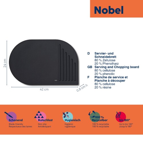 <p><strong>KELA Дъска за рязане и сервиране “Nobel“ - 35 x 23 см.</strong><br /><strong>• Серия:</strong> Nobel<br /><strong>• Материал:</strong><span> 80 % целулоза, 20 % фенолна смола</span><br /><strong>• Размери:</strong><span> 35 х 23 х 0,6 см.</span><br /><strong>• Цвят:</strong><span> черен</span><br /><strong>• Производител: KELA / Германия</strong></p><br />Марка: KELA <br />Модел: KELA 12868<br />Доставка: 2-4 работни дни<br />Гаранция: 2 години