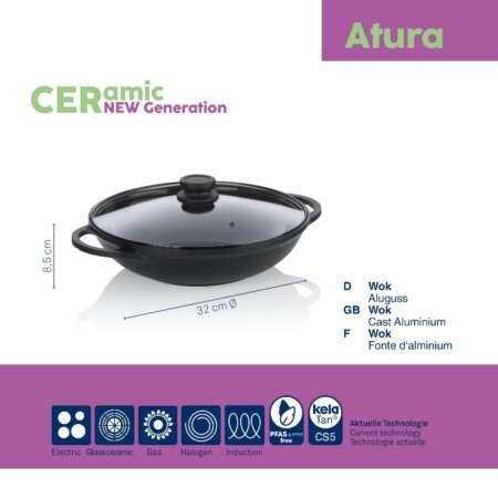 <p><strong>KELA Уок с керамично покритие с капак “Atura“ - Ø 32 см.</strong><br /><strong>• Серия: </strong>Atura<br /><strong>• Материал:</strong> алуминий, керамично покритие<br /><strong>• Размери: </strong>Ø 32 х 8,5 см.<br /><strong>• Вместимост: </strong>4 л. <br /><strong>• Цвят:</strong> черен<br /><strong>• Производител: KELA / Германия<br /></strong><strong>• Подходящи за:</strong></p>
<p><strong><img src="https://www.vip-giftshop.com/media//file_8.jpg" alt="" width="200" /></strong></p><br />Марка: KELA <br />Модел: KELA 15174<br />Доставка: 2-4 работни дни<br />Гаранция: 2 години