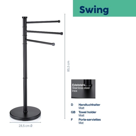 <p><strong>KELA Поставка за кърпи “Swing“ - черна - свободно стояща</strong><br /><strong>• Серия: </strong><span>Swing</span><br /><strong>• Материал:</strong><span> стомана<br /></span><strong>• Размери:</strong><span> <span>Ø </span>28,5 х 85,5 см.</span><br /><strong>• Цвят:</strong><span> черен<br /><strong>• Стабилна основа</strong><br /></span><strong>• Производител: KELA / Германия</strong></p><br />Марка: KELA <br />Модел: KELA 18976<br />Доставка: 2-4 работни дни<br />Гаранция: 2 години