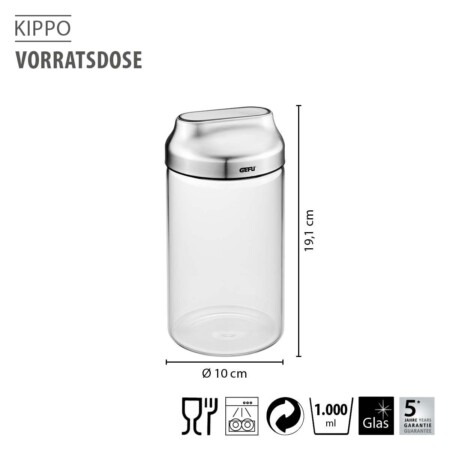 <p><strong>GEFU Стъклен канистер за съхранение “KIPPO“ <br />• Лесно дозиране чрез накланяне<br />• Практичен капак от неръждаема стомана с вграден отвор<br />• С винтов капак за лесно пълнене и почистване<br />• Херметично затваряне, благодарение на силиконовия уплътнител на капака<br />• Бурканът е изработен от висококачествено боросиликатно стъкло</strong><br /><strong>• Вместимост:</strong> 1000 мл<br /> <strong>• Размери:</strong> Ø 10 х 19,1 см<br /><strong>• Тегло: </strong>0,465 кг<br /> <strong>• Материал: </strong>неръждаема стомана, пластмаса, боросиликатно стъкло, силикон <br /> <strong>• Бурканът е подходящ за почистване в съдомиялна машина</strong> <br /><strong>Производител: GEFU / Германия</strong></p><br />Марка: GEFU - GERMANY <br />Модел: GEFU 33741<br />Доставка: 2-4 работни дни<br />Гаранция: 2 години