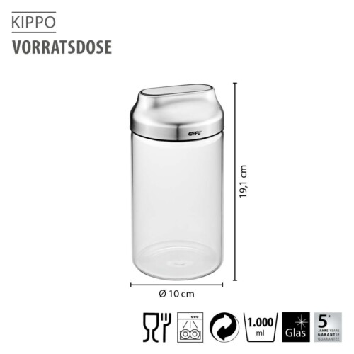 <p><strong>GEFU Стъклен канистер за съхранение “KIPPO“ <br />• Лесно дозиране чрез накланяне<br />• Практичен капак от неръждаема стомана с вграден отвор<br />• С винтов капак за лесно пълнене и почистване<br />• Херметично затваряне, благодарение на силиконовия уплътнител на капака<br />• Бурканът е изработен от висококачествено боросиликатно стъкло</strong><br /><strong>• Вместимост:</strong> 1000 мл<br /> <strong>• Размери:</strong> Ø 10 х 19,1 см<br /><strong>• Тегло: </strong>0,465 кг<br /> <strong>• Материал: </strong>неръждаема стомана, пластмаса, боросиликатно стъкло, силикон <br /> <strong>• Бурканът е подходящ за почистване в съдомиялна машина</strong> <br /><strong>Производител: GEFU / Германия</strong></p><br />Марка: GEFU - GERMANY <br />Модел: GEFU 33741<br />Доставка: 2-4 работни дни<br />Гаранция: 2 години