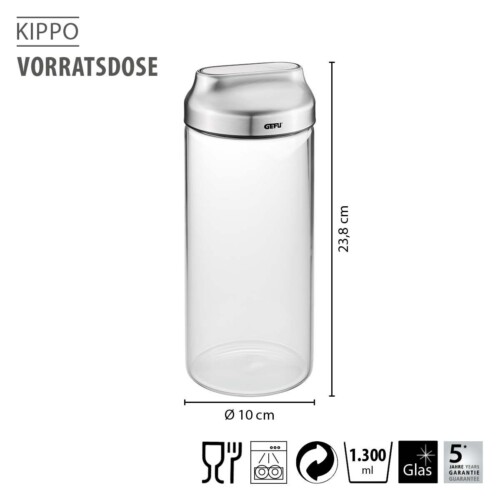 <p><strong>GEFU Стъклен канистер за съхранение “KIPPO“ <br />• Лесно дозиране чрез накланяне<br />• Практичен капак от неръждаема стомана с вграден отвор<br />• С винтов капак за лесно пълнене и почистване<br />• Херметично затваряне, благодарение на силиконовия уплътнител на капака<br />• Бурканът е изработен от висококачествено боросиликатно стъкло</strong><br /><strong>• Вместимост:</strong> 1300 мл<br /> <strong>• Размери:</strong> Ø 10 х 23,8 см<br /><strong>• Тегло: </strong>0,555 кг<br /> <strong>• Материал: </strong>неръждаема стомана, пластмаса, боросиликатно стъкло, силикон <br /> <strong>• Бурканът е подходящ за почистване в съдомиялна машина</strong> <br /><strong>Производител: GEFU / Германия</strong></p><br />Марка: GEFU - GERMANY <br />Модел: GEFU 33742<br />Доставка: 2-4 работни дни<br />Гаранция: 2 години