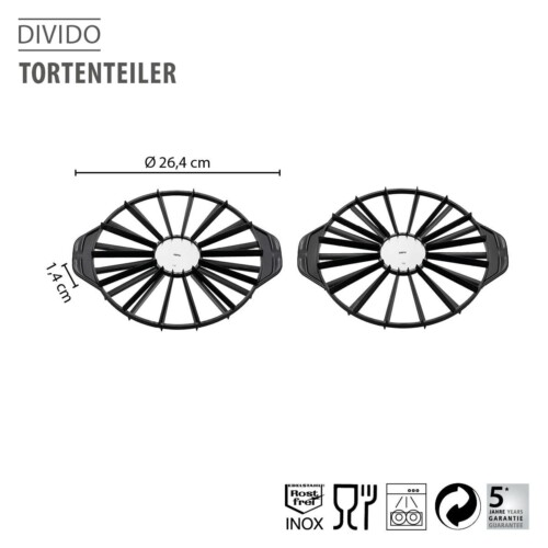 <p><span style="font-size: small;"><strong>GEFU Разделител за торта, 14 и 16 парчета “DIVIDO“<br /></strong></span>• <strong>За прецизно и равномерно разделяне на торта или пай</strong><br />• <strong>Двустранен - от едната страна е за 14 парчета, от другата за 16</strong><br />• <strong>Диаметър: </strong>Ø 26,5 см<br />• <strong>Ергономични дръжки за прецизна работа</strong><br />• <strong>Материал:</strong> висококачествена неръждаема стомана / пластмаса<br /> • <strong>Височина:</strong> 1,4 см<br />•<strong> Не е подходящ за съдомиялна машина </strong><br /> <strong>Производител: GEFU / Германия<br /></strong></p><br />Марка: GEFU - GERMANY <br />Модел: GEFU 14302<br />Доставка: 2-4 работни дни<br />Гаранция: 2 години