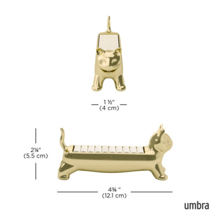 <p><strong>UMBRA Поставка за пръстени “ALI“ - котка - цвят месинг</strong><br /><strong>• Цвят: </strong><span>Месинг</span><br /><strong>• Размери:</strong> 12 x 4 x 5<span> см.</span><br /><strong>• Тегло: </strong><span>0,240 кг.</span><br /><strong>• Материал: </strong><span>Цинк, кадифе</span><br /><strong>• Размери на опаковката:</strong><span> 13 х 5 х 7 см.</span><br /><strong>Производител: UMBRA / Канада<br /></strong><strong><em>Design: <span>SEYMER CRUZ</span><br /></em></strong></p><br />Марка: Umbra HK Limited <br />Модел: UMBRA 1023419-104<br />Доставка: 2-4 работни дни<br />Гаранция: 2 години