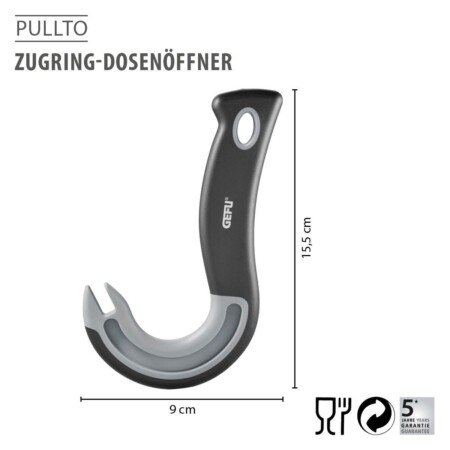 <p><span style="font-size: small;"><strong>GEFU Отварачка за консерви с пръстен “PULLTO“<br /></strong></span>• <strong>Лесно и безопасно отваряне на консерви с пръстен</strong><br />• <strong>Практичен лостов принцип, благодарение на J-образната форма</strong><br />• <strong>Неплъзгащата се дръжка осигурява сигурен захват</strong><br />• <strong>Куката повдига и захваща халката без никаква ръчна намеса</strong><br />• <strong>Материал:</strong> пластмаса<br /> • <strong>Размери:</strong> 15,5 х 9 х 1 см<br />• <strong>Тегло:</strong> 0,045 кг <br />•<strong> Не е подходяща за съдомиялна машина </strong><br /> <strong>Производител: GEFU / Германия<br /></strong><br /><br /></p><br />Марка: GEFU - GERMANY <br />Модел: GEFU 12478<br />Доставка: 2-4 работни дни<br />Гаранция: 2 години