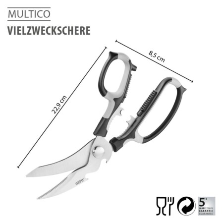 <p><span style="font-size: small;"><strong>GEFU Универсална кухненска ножица “MULTICO“<br /></strong></span>• <strong>Изключително здрава</strong><br />• <strong>Микроназъбени остриета за продължителна острота и сигурно захващане при рязане</strong><br />• <strong>Практични допълнителни функции:<br /></strong> - отварачка за бутилки<br /> - отварачка за винтови капачки до Ø 30 мм<br /> - лешникотрошачка<br /> - извито острие със специален прорез за рязане на птици<br />• <strong>Подходяща и за дясна и за лява ръка</strong><br />• <strong>Материал:</strong> висококачествена неръждаема стомана / пластмаса<br /> • <strong>Размери:</strong> 22,9 х 8,5 х 1,6 см<br />• <strong>Тегло:</strong> 0,139 кг <br />•<strong> Не е подходяща за съдомиялна машина </strong><br /> <strong>Производител: GEFU / Германия<br /></strong><br /><br /></p><br />Марка: GEFU - GERMANY <br />Модел: GEFU 12665<br />Доставка: 2-4 работни дни<br />Гаранция: 2 години