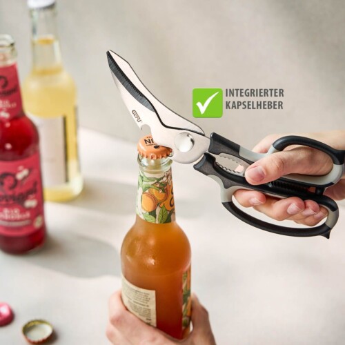<p><span style="font-size: small;"><strong>GEFU Универсална кухненска ножица “MULTICO“<br /></strong></span>• <strong>Изключително здрава</strong><br />• <strong>Микроназъбени остриета за продължителна острота и сигурно захващане при рязане</strong><br />• <strong>Практични допълнителни функции:<br /></strong> - отварачка за бутилки<br /> - отварачка за винтови капачки до Ø 30 мм<br /> - лешникотрошачка<br /> - извито острие със специален прорез за рязане на птици<br />• <strong>Подходяща и за дясна и за лява ръка</strong><br />• <strong>Материал:</strong> висококачествена неръждаема стомана / пластмаса<br /> • <strong>Размери:</strong> 22,9 х 8,5 х 1,6 см<br />• <strong>Тегло:</strong> 0,139 кг <br />•<strong> Не е подходяща за съдомиялна машина </strong><br /> <strong>Производител: GEFU / Германия<br /></strong><br /><br /></p><br />Марка: GEFU - GERMANY <br />Модел: GEFU 12665<br />Доставка: 2-4 работни дни<br />Гаранция: 2 години