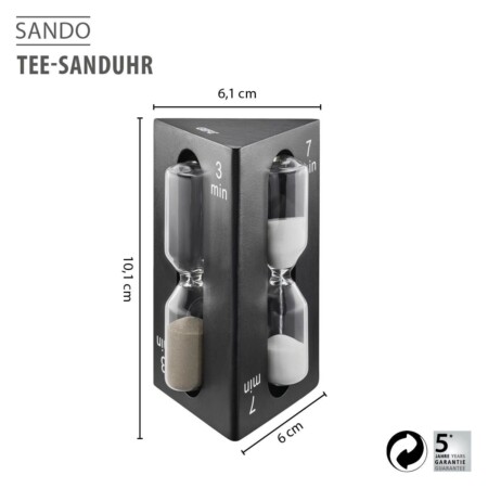 <p><strong>GEFU Троен таймер за чай “SANDO“</strong><br />• <strong>Материал:</strong> боросиликатно стъкло, синтетична смола<br />• <strong>Подходящ за различни видове чай</strong><br />• <strong>2 минути за зелен чай<br />• 3 минути за черен чай<br />• 7 минути за плодов и билков чай<br />• Цветово разграничение за различните минути<br />• Без захранване и батерии<br />• Подходящ и като таймер за варене на яйца<br />• Размери: </strong>6 х 6,1 х 10,1 см<strong><br />• Тегло: </strong>0,136 кг<strong><br />• НЕ Е ПОДХОДЯЩ за съдомиялна машина<br /></strong><strong>Производител: GEFU / Германия</strong></p><br />Марка: GEFU - GERMANY <br />Модел: GEFU 12325<br />Доставка: 2-4 работни дни<br />Гаранция: 2 години