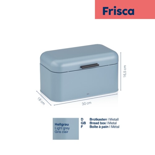 <p><strong>KELA Кутия за хляб “Frisca“</strong><br /><strong>• Материал:</strong><span> метал</span><strong><br />• Размери:</strong><span> 30</span><span> х 18 x 16,5 см<br /><strong>• Цвят: </strong>опушено син</span><strong><br /></strong><strong>Производител: KELA / Германия</strong></p><br />Марка: KELA <br />Модел: KELA 12845<br />Доставка: 2-4 работни дни<br />Гаранция: 2 години