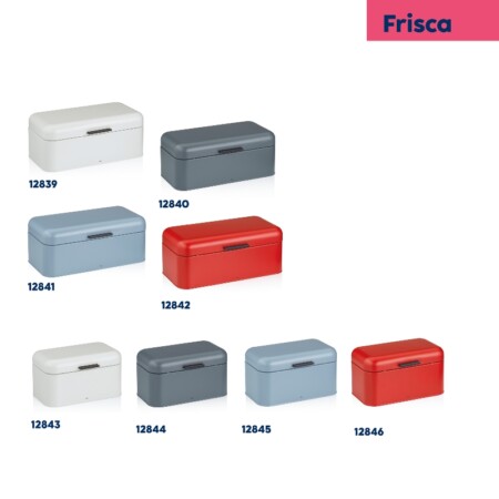 <p><strong>KELA Кутия за хляб “Frisca“</strong><br /><strong>• Материал:</strong><span> метал</span><strong><br />• Размери:</strong><span> 42,5</span><span> х 22,5 x 17,5 см<br /><strong>• Цвят: </strong>опушено син</span><strong><br /></strong><strong>Производител: KELA / Германия</strong></p><br />Марка: KELA <br />Модел: KELA 12841<br />Доставка: 2-4 работни дни<br />Гаранция: 2 години