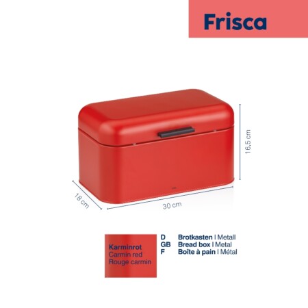 <p><strong>KELA Кутия за хляб “Frisca“</strong><br /><strong>• Материал:</strong><span> метал</span><strong><br />• Размери:</strong><span> 30</span><span> х 18 x 16,5 см<br /><strong>• Цвят: </strong>червен</span><strong><br /></strong><strong>Производител: KELA / Германия</strong></p><br />Марка: KELA <br />Модел: KELA 12846<br />Доставка: 2-4 работни дни<br />Гаранция: 2 години