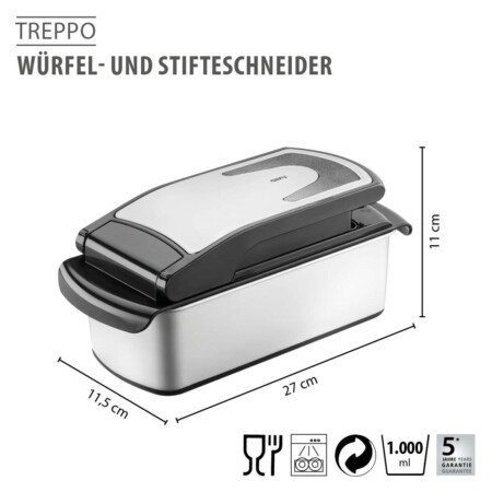 <p><span style="color: #000000;"><span style="font-size: small;"><strong>GEFU Резачка за кубчета и пръчици "TREPPO 2.0"<br /></strong></span>• <strong>Материал:</strong> висококачествена неръждаема стомана, пластмаса</span><br /><span style="color: #000000;">• <strong>3 приставки за рязане на кубчета и пръчици:<br />– фина ( 7 x 7 мм)<br />– едра ( 13 x 13 мм)<br />– за резени, с назъбени остриета ( 10 x 40 мм)<br />• Контейнер от висококачествена неръждаема стомана<br />• Лесно и бързо сглобяване и разглобяване</strong><strong><br /></strong>• <strong>Размери:</strong> 27 х 11,5 х 11 см (ДхШхВ)</span><br /><span style="color: #000000;">• <strong>Вместимост на контейнера: </strong>1000 мл</span><br /><span style="color: #000000;"><strong>• Тегло:</strong> 0,750 кг</span><br /><span style="color: #000000;">• <strong>Включва капак за съхранение и гребен за почистване<br />• Подходяща за съдомиялна машина<br />• Противоплъзгащи крачета на основата</strong></span><br /><span style="color: #000000;"><strong>Производител: GEFU / Германия</strong></span></p><br />Марка: GEFU - GERMANY <br />Модел: GEFU 13761<br />Доставка: 2-4 работни дни<br />Гаранция: 2 години