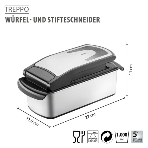 <p><span style="color: #000000;"><span style="font-size: small;"><strong>GEFU Резачка за кубчета и пръчици "TREPPO 2.0"<br /></strong></span>• <strong>Материал:</strong> висококачествена неръждаема стомана, пластмаса</span><br /><span style="color: #000000;">• <strong>3 приставки за рязане на кубчета и пръчици:<br />– фина ( 7 x 7 мм)<br />– едра ( 13 x 13 мм)<br />– за резени, с назъбени остриета ( 10 x 40 мм)<br />• Контейнер от висококачествена неръждаема стомана<br />• Лесно и бързо сглобяване и разглобяване</strong><strong><br /></strong>• <strong>Размери:</strong> 27 х 11,5 х 11 см (ДхШхВ)</span><br /><span style="color: #000000;">• <strong>Вместимост на контейнера: </strong>1000 мл</span><br /><span style="color: #000000;"><strong>• Тегло:</strong> 0,750 кг</span><br /><span style="color: #000000;">• <strong>Включва капак за съхранение и гребен за почистване<br />• Подходяща за съдомиялна машина<br />• Противоплъзгащи крачета на основата</strong></span><br /><span style="color: #000000;"><strong>Производител: GEFU / Германия</strong></span></p><br />Марка: GEFU - GERMANY <br />Модел: GEFU 13761<br />Доставка: 2-4 работни дни<br />Гаранция: 2 години