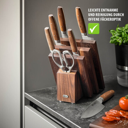 <p><strong>GEFU Магнитен блок за ножове “ENNO“ с отделение за ножица</strong><br />• <strong>Материал:</strong> дърво орех<br />• <strong>Магнити осигуряват сигурно и стабилно задържане на ножовете</strong><br />• <strong>За (до) 6 бр ножове с размер на острието до 25 см<br />• Допълнително отделение за ножици<br />• Лесно боравене и почистване, благодарение на отворения дизайн<br />• Противоплъзгащи крачета на основата<br />• Здраво и сигурно съхранение<br />• Размери: </strong>16,5 х 21,5 х 22,5 см<strong><br />• Тегло: </strong>2,22 кг<strong><br />• НЕ Е ПОДХОДЯЩ за съдомиялна машина<br /></strong><strong>Производител: GEFU / Германия</strong></p><br />Марка: GEFU - GERMANY <br />Модел: GEFU 13959<br />Доставка: 2-4 работни дни<br />Гаранция: 2 години