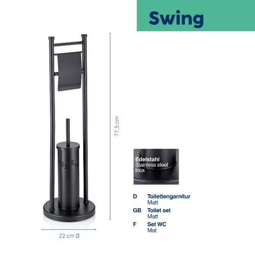 <p><strong>KELA Комплект стойка за тоалетна хартия и четка за тоалетна “Swing“ - черна - свободно стояща</strong><br /><strong>• Серия: </strong>Swing<br /><strong>• Материал:</strong><span> стомана<br /></span><strong>• Размери:</strong><span> <span>Ø </span>22 х 75,5 см.</span><br /><strong>• Цвят:</strong><span> черен<br /><strong>• Стабилна основа</strong><br /></span><strong>• Производител: KELA / Германия</strong></p><br />Марка: KELA <br />Модел: KELA 18977<br />Доставка: 2-4 работни дни<br />Гаранция: 2 години