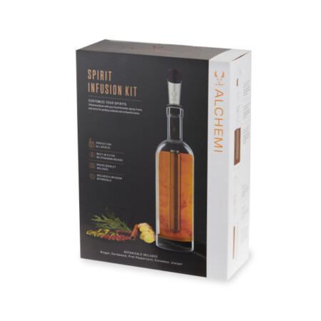 <p><strong>VISKI Комплект за инфузиране на алкохол с билки “ALCHEMI“ </strong><br /><strong>• Материал: </strong>неръждаема <span>стомана, стъкло<br /><strong>• В комплекта:</strong> <br /></span>- стъклена бутилка - 1 бр / 500 мл<br />- 2-компонентен инфузер и филтриращ прът от неръждаема стомана - 1 бр<br />- Запушалка/наливник със силиконово уплътнение<br />- 5 бр кутии със сушени подправки - кардамон, канела, джинджифил, хвойна и розов пипер<br />- пластмасова фуния <br /><strong>• Размер на опаковката: </strong>35<span> х 11 х 26 см</span><br /><strong>• Тегло с опаковката: </strong>1<span>,040 кг.<br /></span><strong>• Препоръчва се ръчно измиване</strong><br /><strong>Производител:</strong><span> Viski® / САЩ</span></p><br />Марка: TRUEBRANDS <br />Модел: VISKI 10222<br />Доставка: 2-4 работни дни<br />Гаранция: 2 години