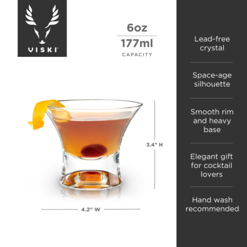 <p><strong>VISKI Кристални чаши за коктейли “Manhattan“ 2бр.<br />• В комплект 2 бр чаши<br />• Материал: </strong>безоловен кристал<br /><strong>• Размер на 1 бр чаша: </strong>10,7 х 8,6 см (ШхВ)<br /><strong>• Вместимост на 1 бр чаша:</strong> 177 мл<br /><strong>• Размер на опаковката: </strong>27,3 х 14,6 х 11,4 см<br /><strong>• Тегло с опаковката: </strong>0,860 кг<br /><strong>• Препоръчва се ръчно измиване </strong><br /><strong>Производител:</strong> Viski® / САЩ</p><br />Марка: TRUEBRANDS <br />Модел: VISKI 9508<br />Доставка: 2-4 работни дни<br />Гаранция: 2 години