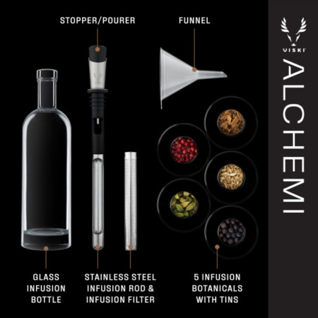 <p><strong>VISKI Комплект за инфузиране на алкохол с билки “ALCHEMI“ </strong><br /><strong>• Материал: </strong>неръждаема <span>стомана, стъкло<br /><strong>• В комплекта:</strong> <br /></span>- стъклена бутилка - 1 бр / 500 мл<br />- 2-компонентен инфузер и филтриращ прът от неръждаема стомана - 1 бр<br />- Запушалка/наливник със силиконово уплътнение<br />- 5 бр кутии със сушени подправки - кардамон, канела, джинджифил, хвойна и розов пипер<br />- пластмасова фуния <br /><strong>• Размер на опаковката: </strong>35<span> х 11 х 26 см</span><br /><strong>• Тегло с опаковката: </strong>1<span>,040 кг.<br /></span><strong>• Препоръчва се ръчно измиване</strong><br /><strong>Производител:</strong><span> Viski® / САЩ</span></p><br />Марка: TRUEBRANDS <br />Модел: VISKI 10222<br />Доставка: 2-4 работни дни<br />Гаранция: 2 години
