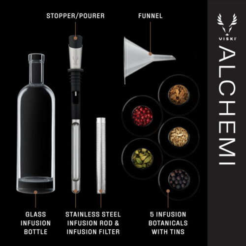 <p><strong>VISKI Комплект за инфузиране на алкохол с билки “ALCHEMI“ </strong><br /><strong>• Материал: </strong>неръждаема <span>стомана, стъкло<br /><strong>• В комплекта:</strong> <br /></span>- стъклена бутилка - 1 бр / 500 мл<br />- 2-компонентен инфузер и филтриращ прът от неръждаема стомана - 1 бр<br />- Запушалка/наливник със силиконово уплътнение<br />- 5 бр кутии със сушени подправки - кардамон, канела, джинджифил, хвойна и розов пипер<br />- пластмасова фуния <br /><strong>• Размер на опаковката: </strong>35<span> х 11 х 26 см</span><br /><strong>• Тегло с опаковката: </strong>1<span>,040 кг.<br /></span><strong>• Препоръчва се ръчно измиване</strong><br /><strong>Производител:</strong><span> Viski® / САЩ</span></p><br />Марка: TRUEBRANDS <br />Модел: VISKI 10222<br />Доставка: 2-4 работни дни<br />Гаранция: 2 години