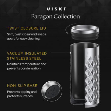<p><strong>VISKI Термочаша с керамично покритие “PARAGON“</strong><br /><strong>• Материал: </strong>неръждаема стомана<br /><strong>• Керамично покритие във вътрешността<br />• Двойни стени с вакуумна изолация</strong><br /><strong>• Размер:</strong><span> 8 х 8 х 17,8 см</span><br /><strong>• Тегло: </strong><span>0,257 кг.<br /><strong>• Цвят:</strong> платина</span><br /><strong>• Вместимост: </strong>470 мл<br /><strong>• Само ръчно измиване</strong><span><br /></span><strong>Производител:</strong><span> Viski® / САЩ</span></p><br />Марка: TRUEBRANDS <br />Модел: VISKI 11351<br />Доставка: 2-4 работни дни<br />Гаранция: 2 години