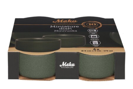 <p><strong>MAKU Комплект керамични купички за суфле / крем брюле - 4 бр. 175 мл. - зелени</strong><br /><strong>• Материал:</strong><span> каменин<br /><strong>• Цвят:</strong> зелен</span><br /><strong>• Размер на 1 бр купичка:</strong><span> 9 х 9 х 5 см. (ДхШхВ)<br /><strong>• Вместимост на 1 бр купичка</strong>: 0,175 л<br /><strong>• Размер на опаковката (4 бр купички): </strong>20 х 19 х 5,5 см<br /></span><strong>• Тегло с опаковката: </strong><span>0,720 кг.<br /><strong>• Топлоустойчивост:</strong> до 220° С<br /><strong>• Подходящи за фурна и микровълнова</strong><br /><strong>• Подходящи за съдомиялна машина<br /></strong></span><strong>Производител: Tammer Brands/ Финландия</strong></p><br />Марка: MAKU <br />Модел: TB MAKU 651772<br />Доставка: 2-4 работни дни<br />Гаранция: 2 години