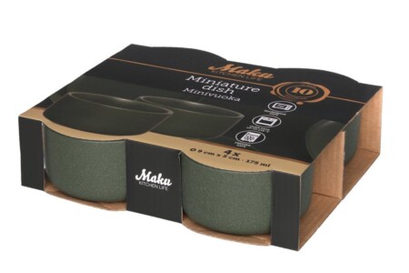 <p><strong>MAKU Комплект керамични купички за суфле / крем брюле - 4 бр. 175 мл. - зелени</strong><br /><strong>• Материал:</strong><span> каменин<br /><strong>• Цвят:</strong> зелен</span><br /><strong>• Размер на 1 бр купичка:</strong><span> 9 х 9 х 5 см. (ДхШхВ)<br /><strong>• Вместимост на 1 бр купичка</strong>: 0,175 л<br /><strong>• Размер на опаковката (4 бр купички): </strong>20 х 19 х 5,5 см<br /></span><strong>• Тегло с опаковката: </strong><span>0,720 кг.<br /><strong>• Топлоустойчивост:</strong> до 220° С<br /><strong>• Подходящи за фурна и микровълнова</strong><br /><strong>• Подходящи за съдомиялна машина<br /></strong></span><strong>Производител: Tammer Brands/ Финландия</strong></p><br />Марка: MAKU <br />Модел: TB MAKU 651772<br />Доставка: 2-4 работни дни<br />Гаранция: 2 години