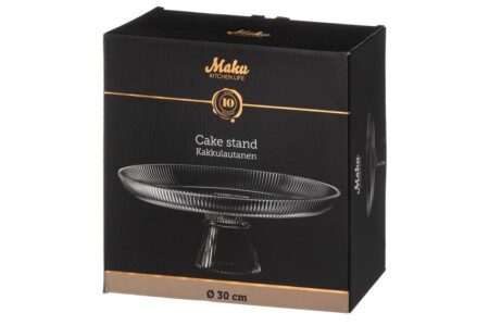 <p><strong>MAKU Стъклена поставка за торта / сладкиши</strong><br /><strong>• Материал:</strong><span> боросиликатно стъкло<br /><strong>• С красиво оребяване от външната страна</strong></span><br /><strong>• Размер на поставката: </strong>Ø 30 х 11,5 см<br /><strong>• Тегло:</strong> 1,36 кг<strong><br />• Размери на опаковката:</strong><span> 31 х 12,5 х 31,5 см.<br /></span><strong>• Тегло с опаковката: </strong><span>1,6 кг.<br /><strong>• Не е подходяща за съдомиялна машина<br /></strong></span><strong>Производител: Tammer Brands/ Финландия</strong></p><br />Марка: MAKU <br />Модел: TB MAKU 651653<br />Доставка: 2-4 работни дни<br />Гаранция: 2 години