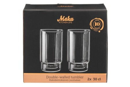 <p><strong>MAKU Комплект от 2бр оребрени двустенни чаши - 300мл.</strong><br /><strong>• Материал:</strong><span> боросиликатно стъкло<br /><strong>• С двойни стени, вътрешната е оребрена</strong></span><br /><strong>• Размери на опаковката:</strong><span> 17,5 х 9 х 15,5 см.<br /></span><strong>• Тегло: </strong><span>0,390 кг.<br /><strong>• Вместимост на 1 бр чаша:</strong> 0,300 л.<br /><strong>• Не са подходящи за съдомиялна машина<br /></strong></span><strong>Производител: Tammer Brands/ Финландия</strong></p><br />Марка: MAKU <br />Модел: TB MAKU 651980<br />Доставка: 2-4 работни дни<br />Гаранция: 2 години